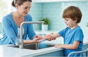 Mãe lavando queimadura do braço da criança