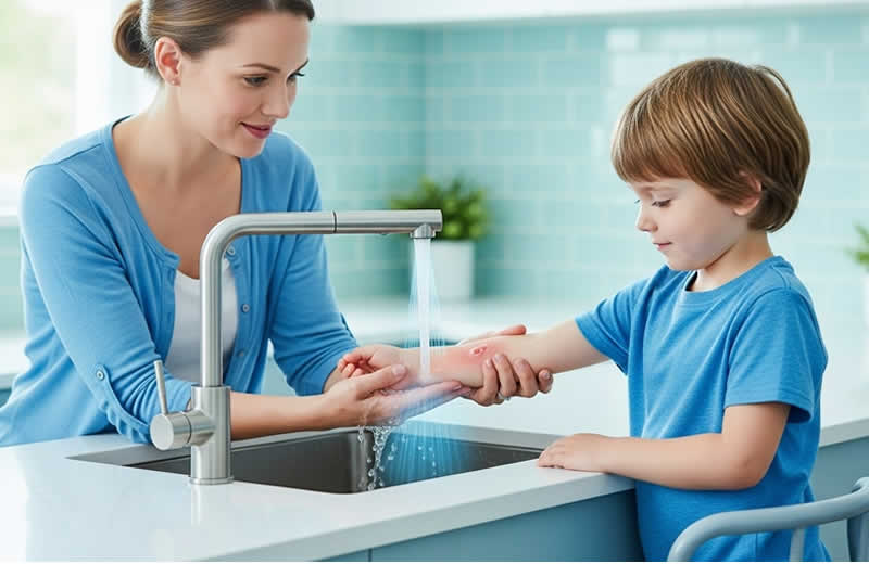 Mãe lavando queimadura do braço da criança